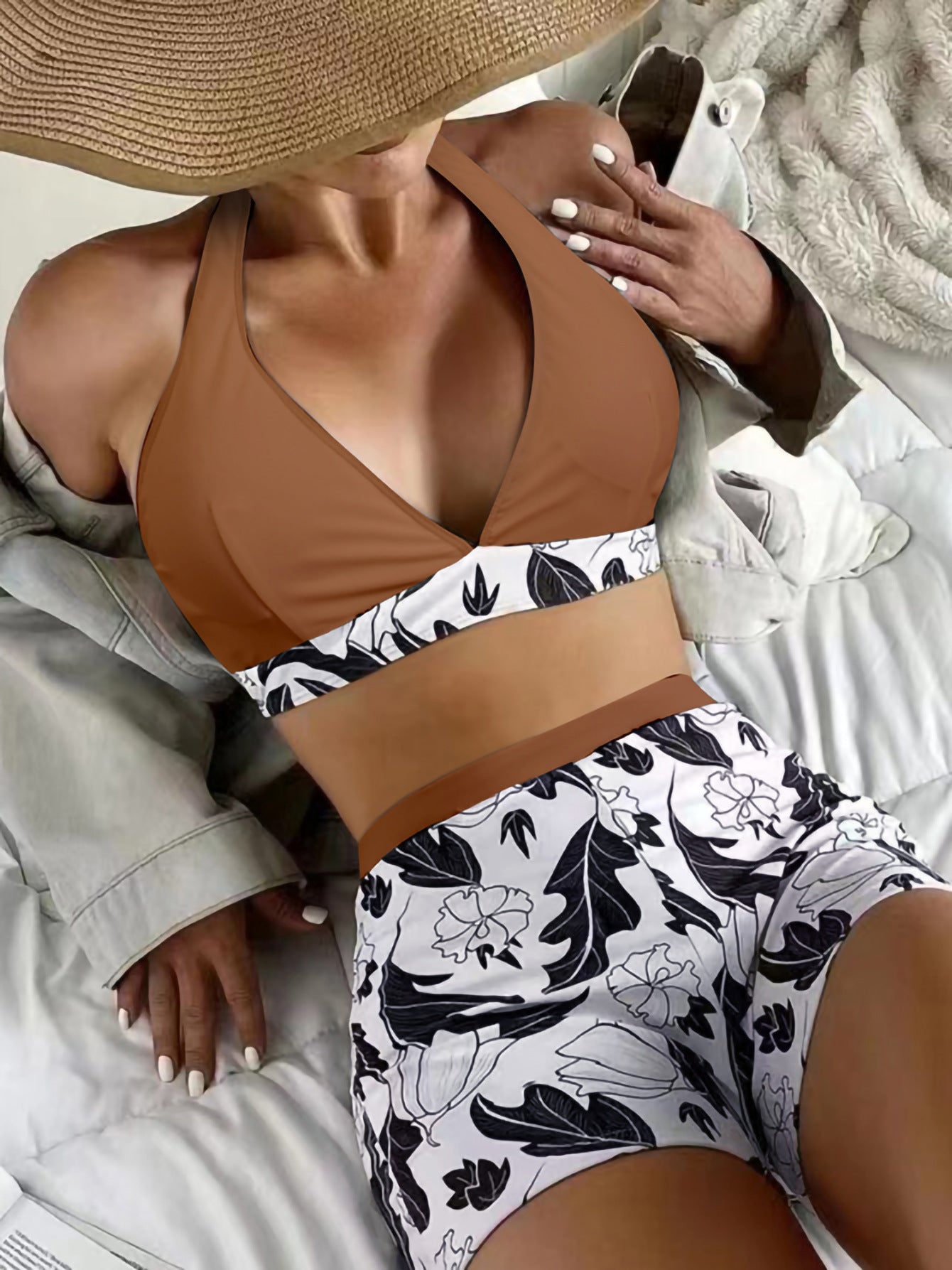 brown and white black short set bikini wear 