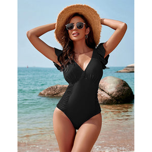 black ruffle one piece swimsuit