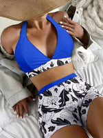 blue and white bikini set short swimwear