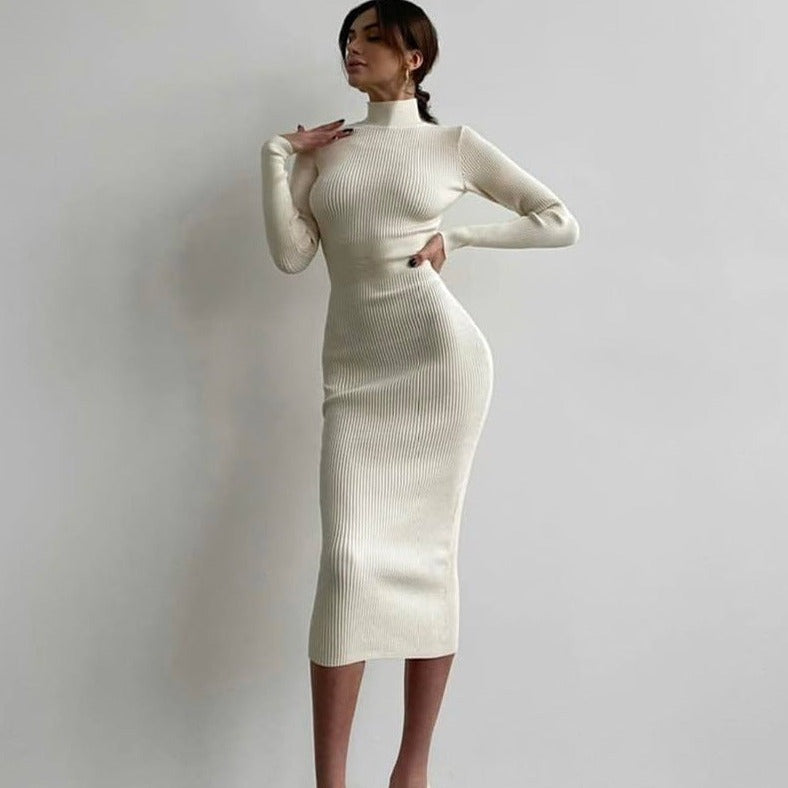 white dress long sleeve mid long dress